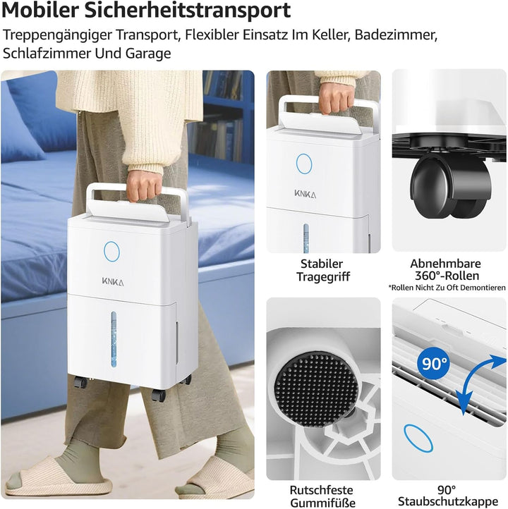 KNKA Luftentfeuchter, 9L/T, Leiser Luftentfeuchter Elektrisch, Raumentfeuchter mit Ablaufschlauch, A