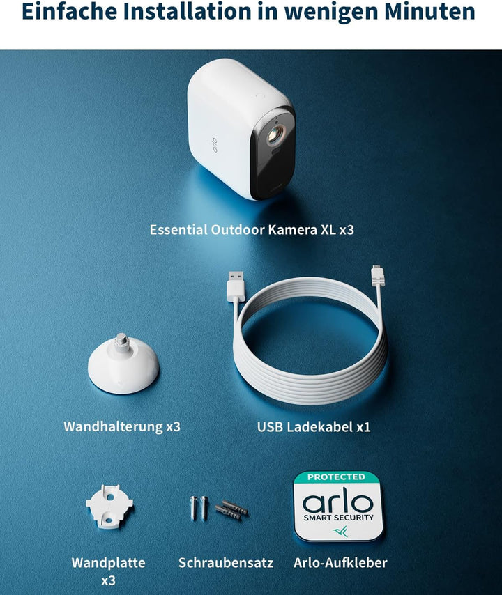 Arlo Essential 3 XL Batterie 2K Überwachungskamera Aussen WLAN, Kabellos, 2K HD Video, Farbnachtsich