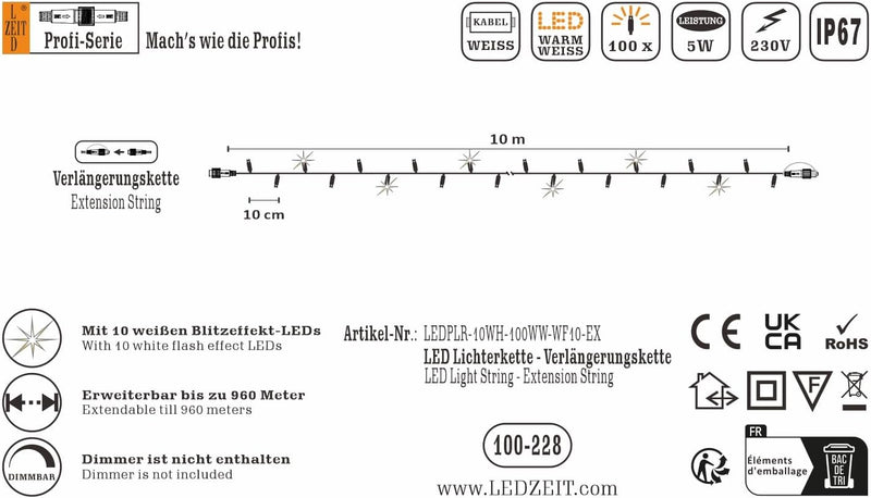 LEDZEIT - Profi Serie - Verlängerung Lichterkette, Ohne Netzkabel, 10m, 100 Warmweiss LEDs, Ein Blin