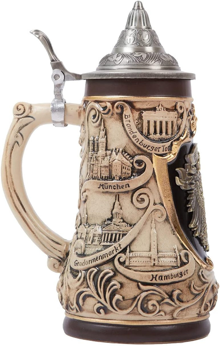 NENBOLEC Bierkrug mit Zinndeckel Bierseidel Steinkrug Gravur Deutsch Zinnwappen Beer Stein 0.9L