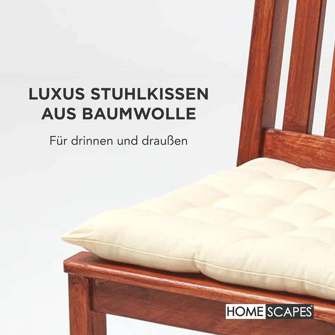 Homescapes 6er Set Stuhlkissen 40 x 40 cm, Creme, Sitzkissen mit Bändern und Knopfverschluss, einfar