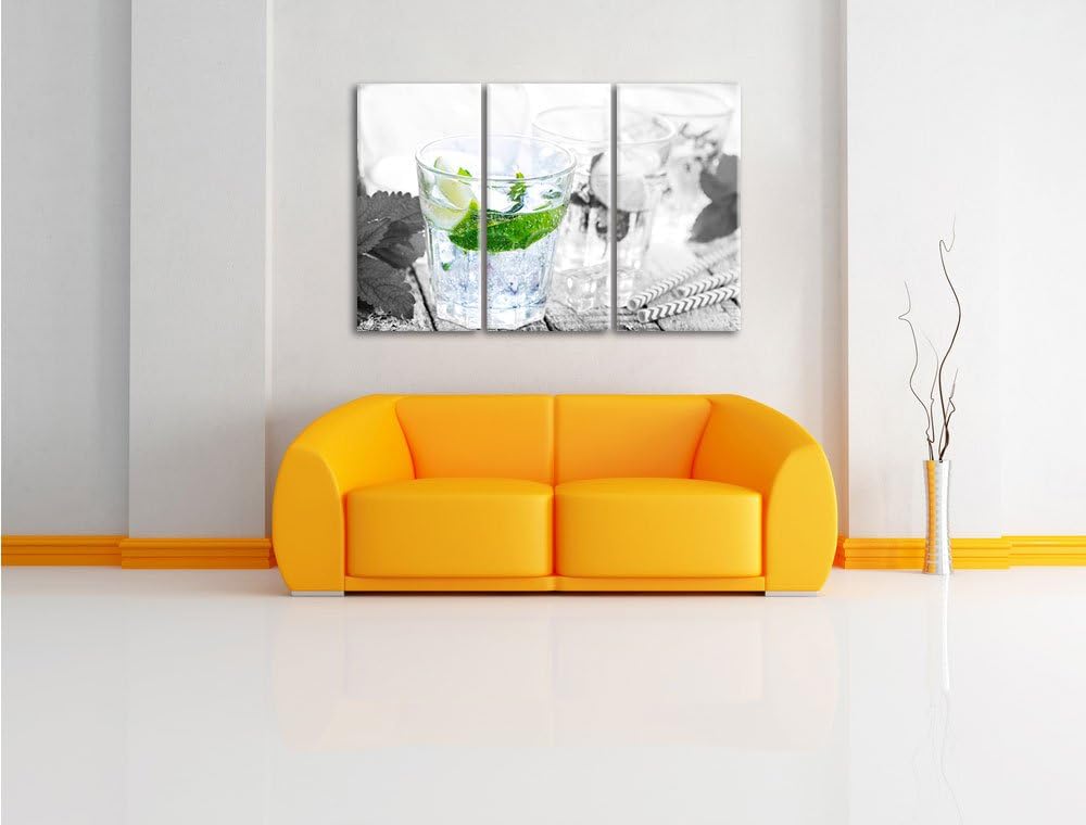 Pixxprint Mojito-Gläser mit Minze B&W Detail 3-Teiler Leinwandbild 120x80 Bild auf Leinwand