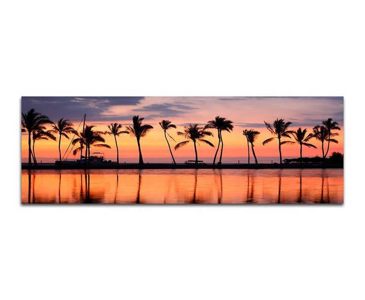 Panoramabild auf Leinwand und Keilrahmen 150x50cm Hawaii Strand Meer Palmen Sonnenuntergang