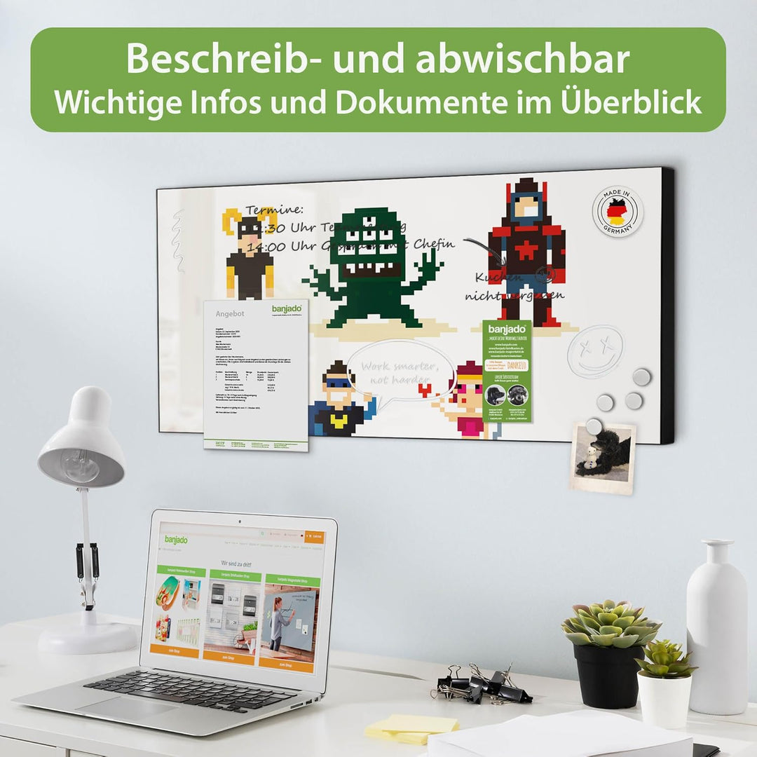 banjado Magnettafel schwarz 78 x 37cm / Magnetwand Metall/Magnetpinnwand als Memoboard/Pinnwand Magn