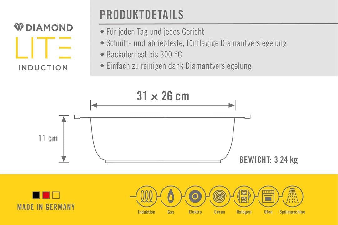 Woll Diamond Lite Gussbräter mit Glasdeckel in Box - Induktiv -, 31 x 26 cm, 11 cm hoch, 6 Liter - G