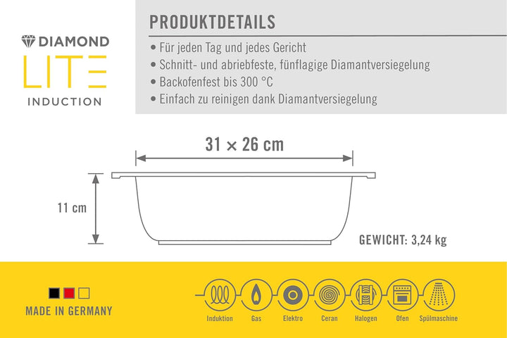 Woll Diamond Lite Gussbräter mit Glasdeckel in Box - Induktiv -, 31 x 26 cm, 11 cm hoch, 6 Liter - G