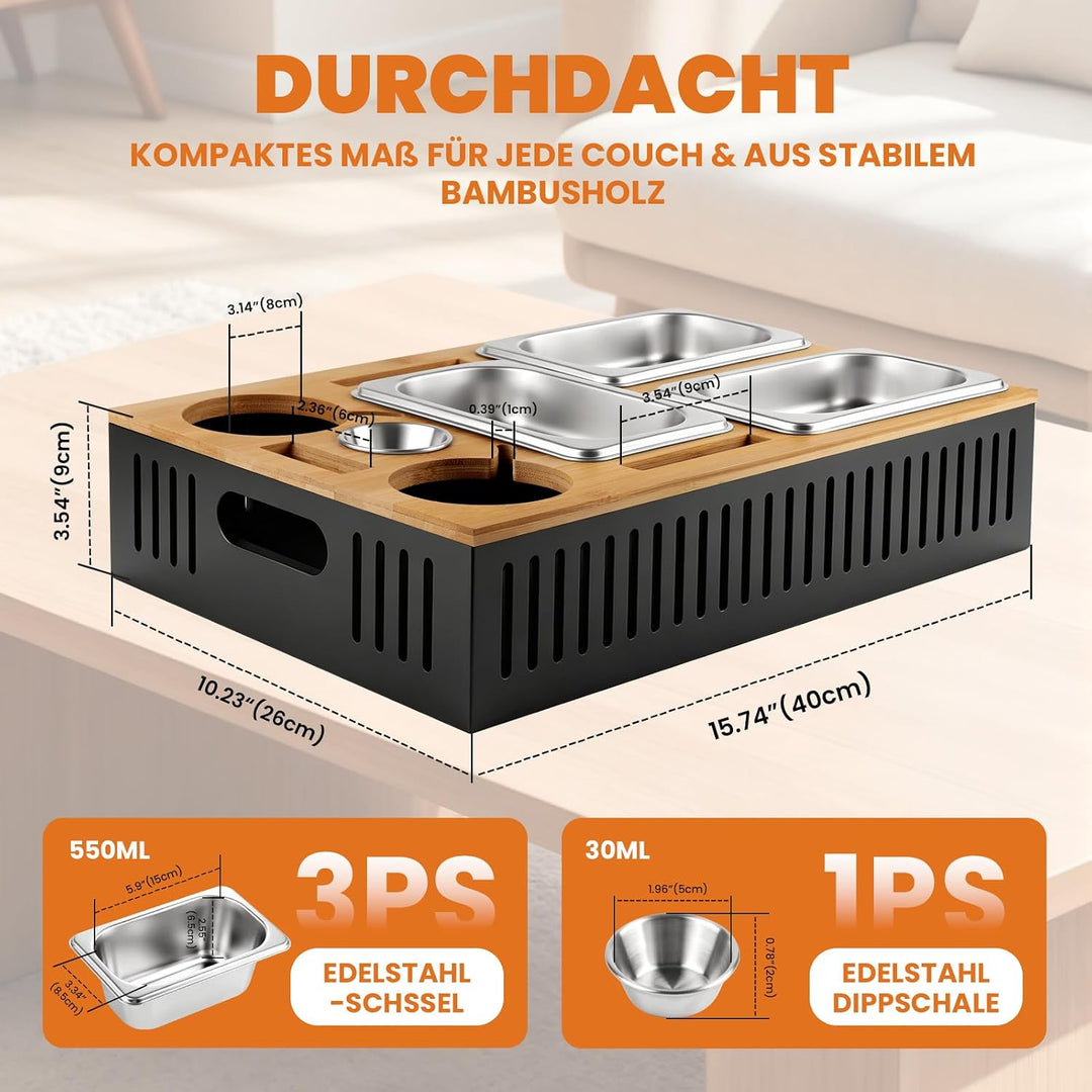 Couchbar Snackbox, Sofa Tablett mit 3 Edelstahl-Schalen 550 ml und Dip-Schale 30 ml, 2-in-1 abnehmba