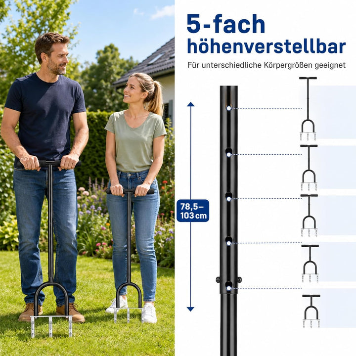 Rasenlüfter Aerifizierer für Rasen, 3-Kern Hohlspoon Handvertikutierer mit Hohlzinken, höhenverstell