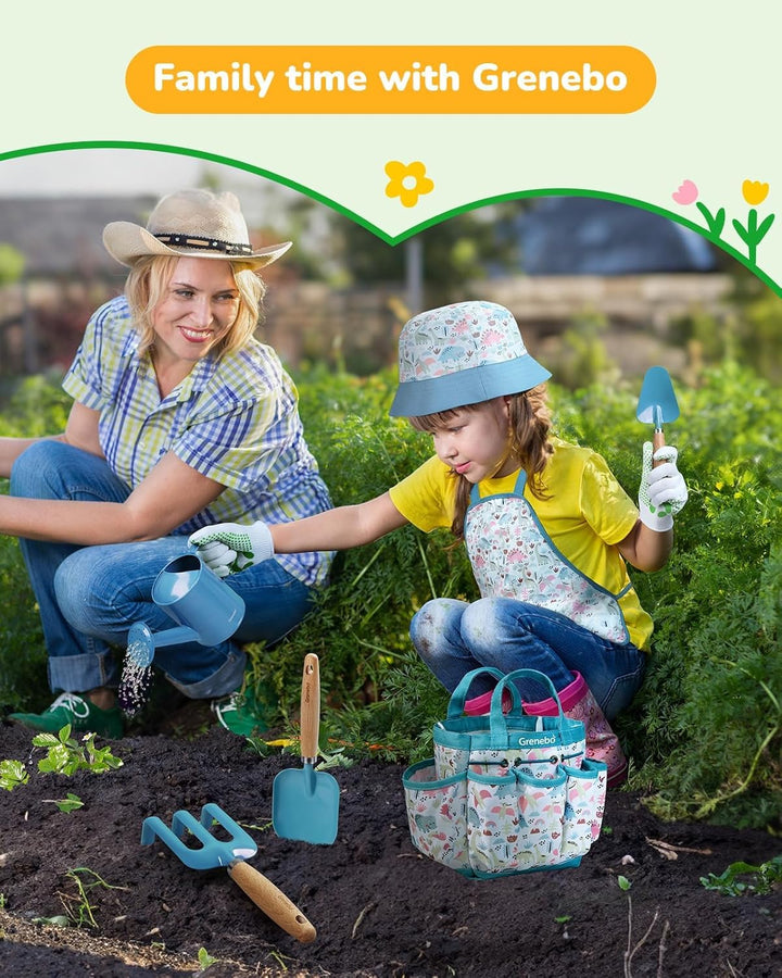 Grenebo-Gartenspielzeug für Kinder, inklusive Metallkelle, Pflanzschaufel, Gartenhut, Rechen, Schürz