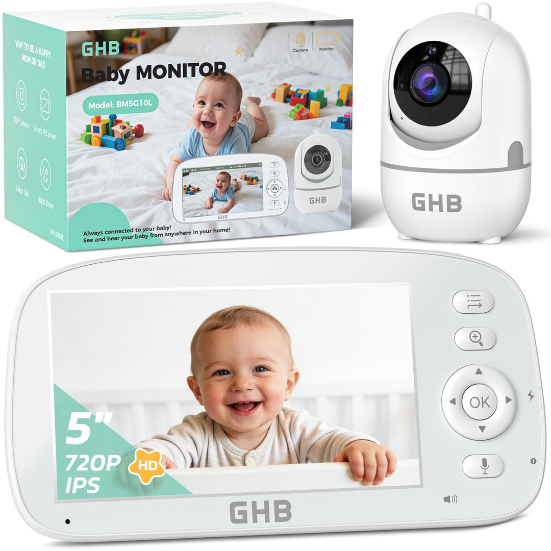 GHB Babyphone mit Kamera 5 Zoll 720P HD Kamera IPS Display mit 5000mAh Akku 4X Zoom 2-Bildschirm-Spl