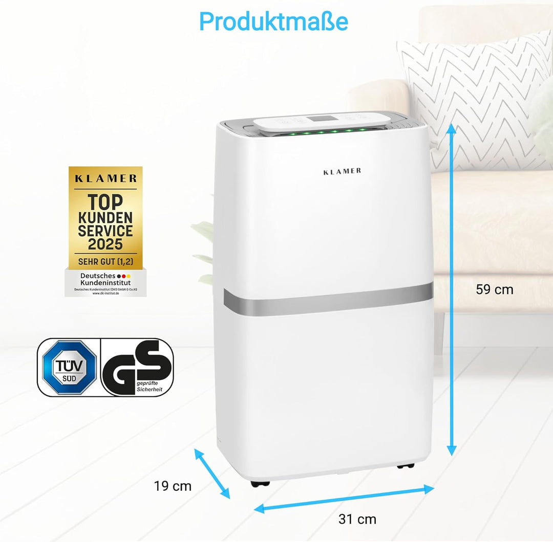 KLAMER Luftentfeuchter elektrisch 20L, 195m³ Luftumwälzung pro Stunde, 420W starker Raumentfeuchter,
