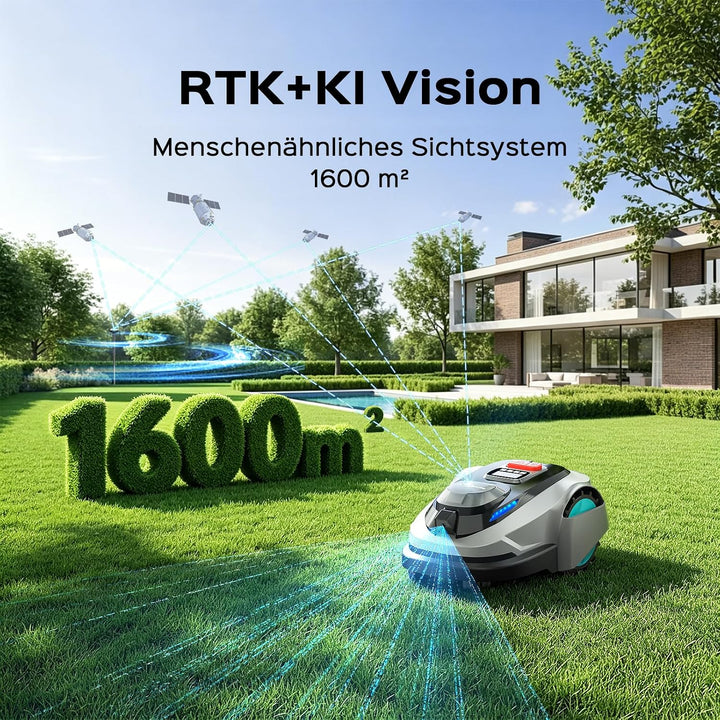 YARDCARE N1600PRO Mähroboter ohne Begrenzungskabel, bis 1600 m², RTK-Navigation mit 3D-Umgebungserke