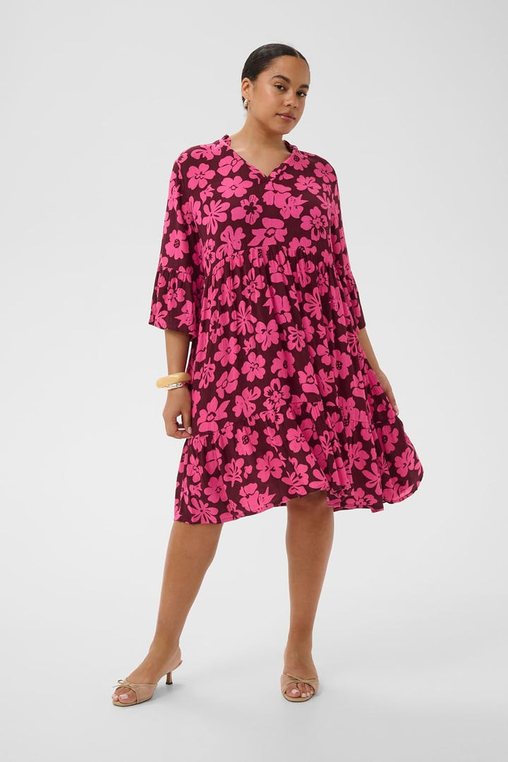 KAFFE CURVE Damen Kleid KCisma 3/4 Ärmel 50 Carbernet/Pink Flowers, 50 Carbernet/Pink Flowers