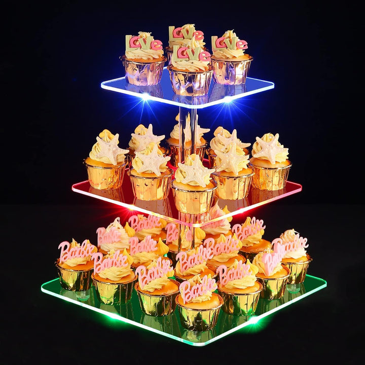 3 Etagen Cupcake Ständer, Ulifeme Wiederaufladbarer LED-Licht Quadrat Transparenter Dessert Tortenst