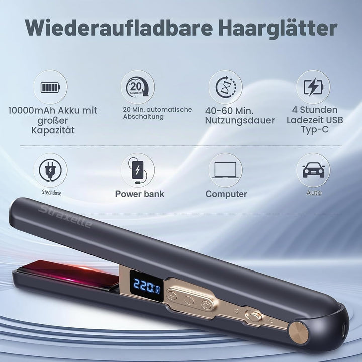 2 in 1 Glätteisen Locken und Glätten, 160°C-220°C Reise Glätteisen Kabellos 10000mAh Akku Haarglätte