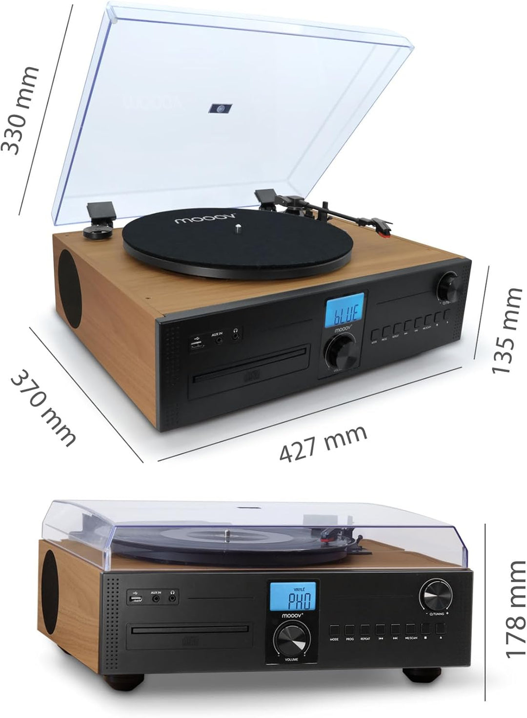 Mooov 477365 HiFi-Mikrosystem mit Radio, CD-Player und Vinyl-Plattenspieler mit 33, 45, 78 U/min, Bl