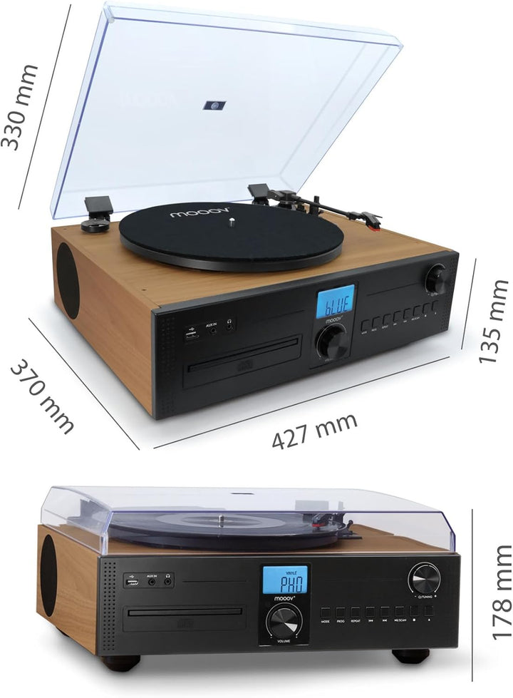 Mooov 477365 HiFi-Mikrosystem mit Radio, CD-Player und Vinyl-Plattenspieler mit 33, 45, 78 U/min, Bl