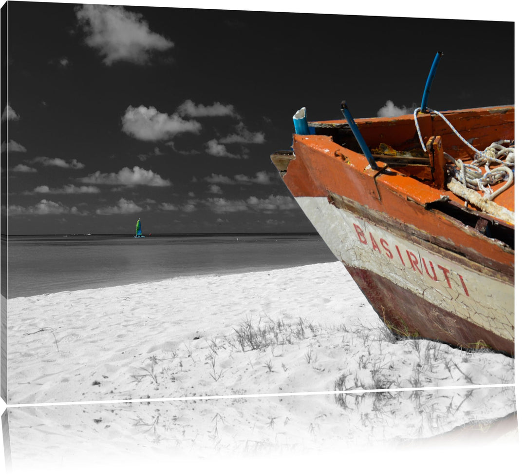 beeindruckendes Boot am Strand schwarz/weiss auf Leinwand, XXL riesige Bilder fertig gerahmt mit Kei