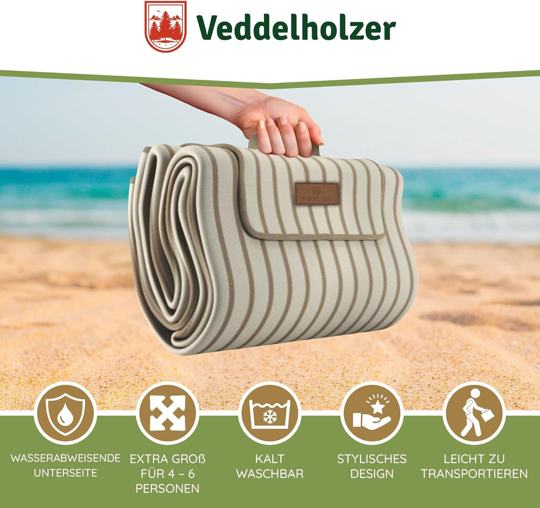 Veddelholzer 200 x 200 cm Beach Picknickdecke wasserdicht, sandfeste Stranddecke XXL isoliert & gepo