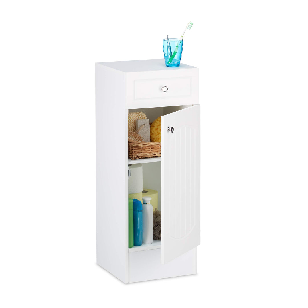 Relaxdays Badschrank Holz, kleiner Badezimmerschrank mit Schublade, Lamellen Design, HBT: 80 x 30,5