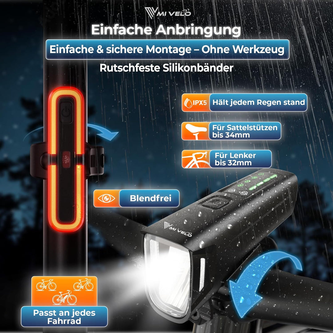 MIVELO SMART Fahrradlicht Set 100LUX, 2000mAh Power-Akku, Auto-Sensor, StVZO zugelassen, USB aufladb