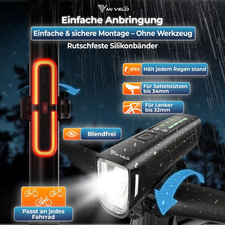 MIVELO SMART Fahrradlicht Set 100LUX, 2000mAh Power-Akku, Auto-Sensor, StVZO zugelassen, USB aufladb
