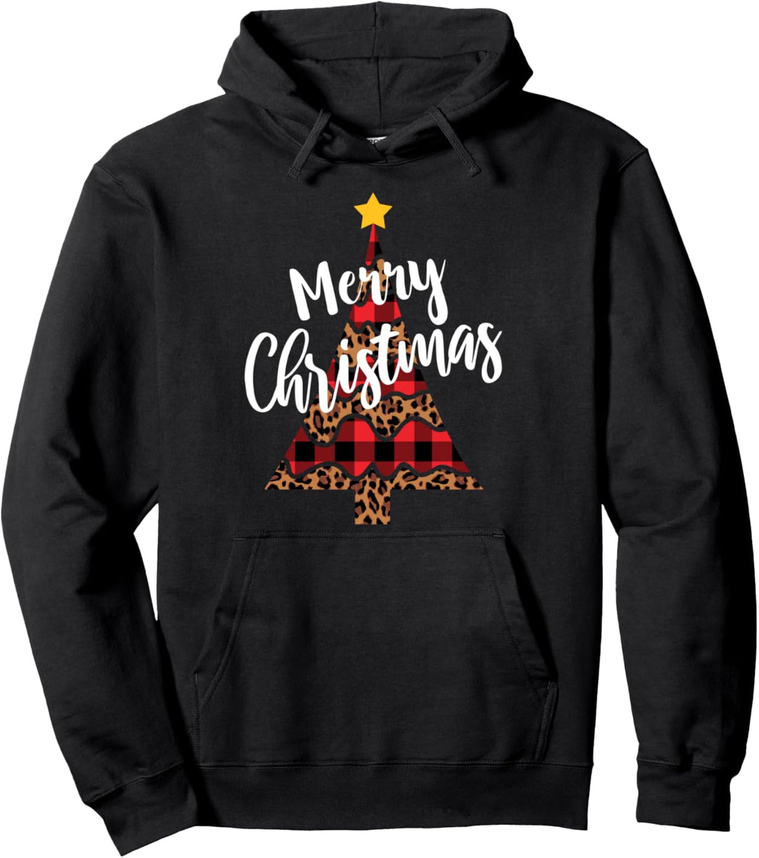 Leopard Cheetah Print & Buffalo Plaid Christmas Tree Gift Pullover Hoodie