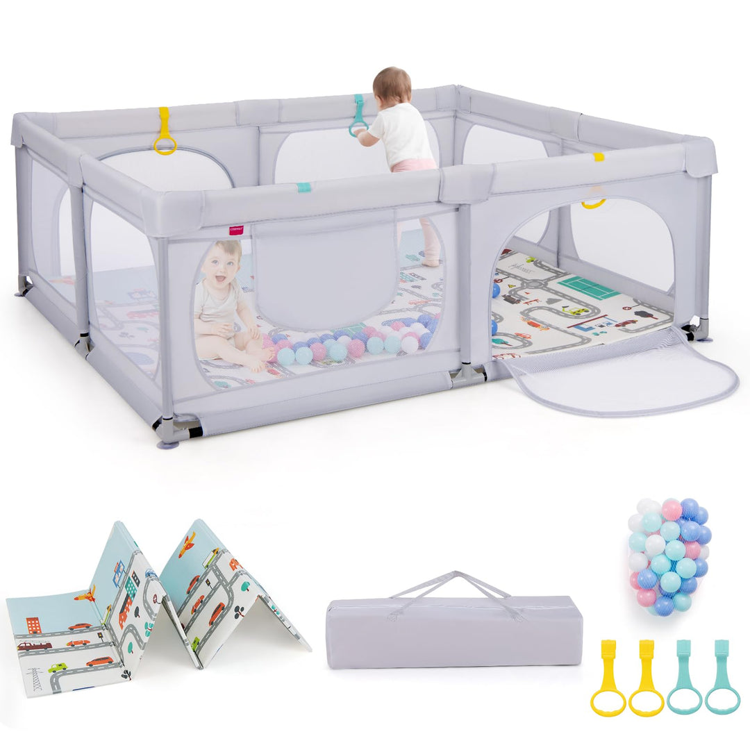 GOPLUS 189x158 cm Laufstall Baby, Laufgitter mit atmungsaktiver Netz, 4 Reissverschlusstür, Tragetas