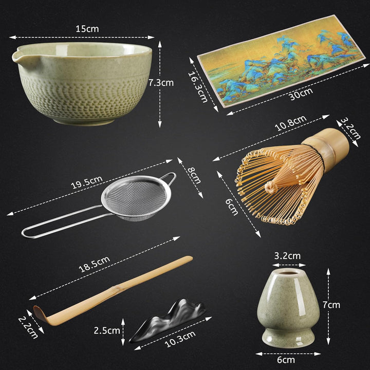 Matcha Set | Matcha Tee Set 7 Stück - mit Matcha Besen und Besenhalter, Schale mit Ausgiesser, Match
