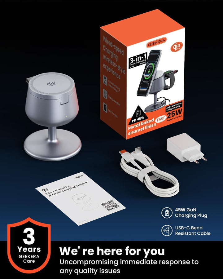 GEEKERA Qi2.2 25W 3-in-1 Ladestation für Apple: MagSafe-kompatibles Schnellladegerät für iPhone 17/1