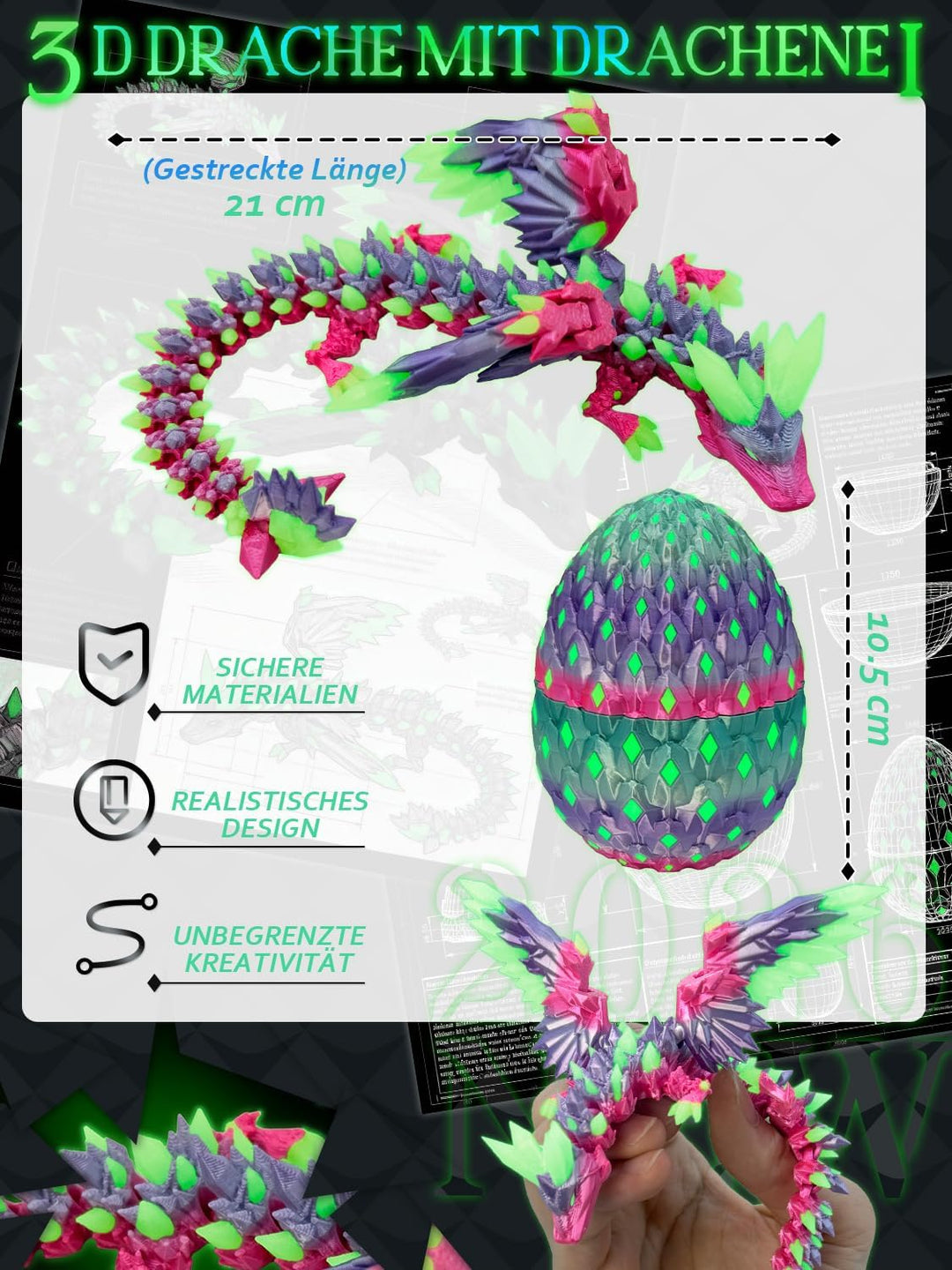 3D Drachenei mit Drache & Nachtleuchten Effekt - 3D Drache mit Flügeln, UV-aktiviertes Leuchten im D