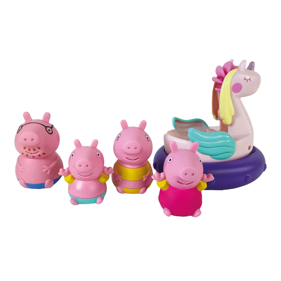TOMY Toomies Papa Wutz, Mama Wutz, Peppa & George Badespritzer & Peppa's Einhorn, Baby-Badespielzeug
