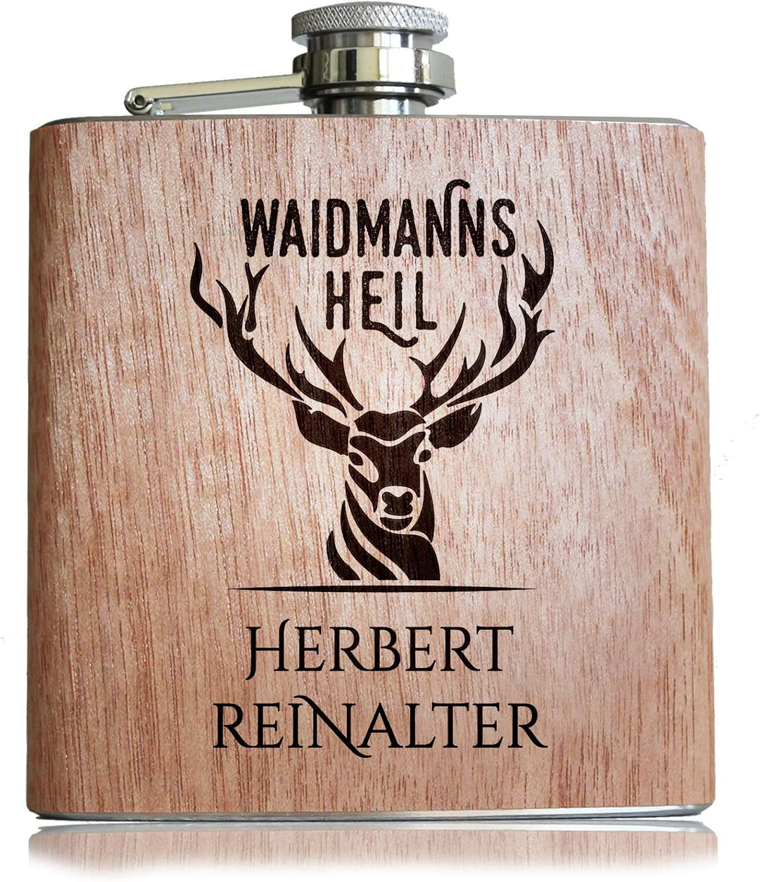 Persönliches Geschenk für Jäger Waidmannsheil Holz Flachmann mit individueller Gravur von eigenem Na