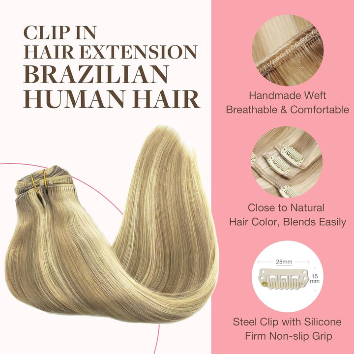 GOO GOO Clip in Extensions Echthaar, Echthaar Extensions Clip, 30cm 65g 7pcs, Clip In Haarverlängeru