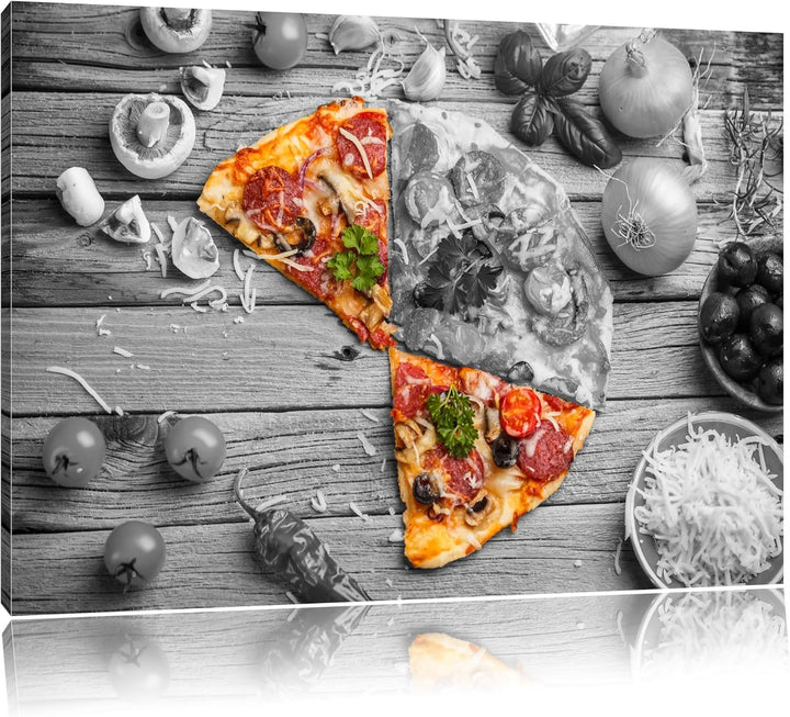 köstliche Pizza auf Holztisch schwarz/weiss Format: 100x70 auf Leinwand, XXL riesige Bilder fertig g