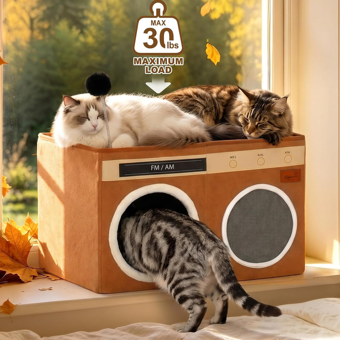 Retro Radio Katzenhaus, Grosses klappbares Katzenbett für Innen | Katzenhöhle mit Kratzbrett &amp; biegb