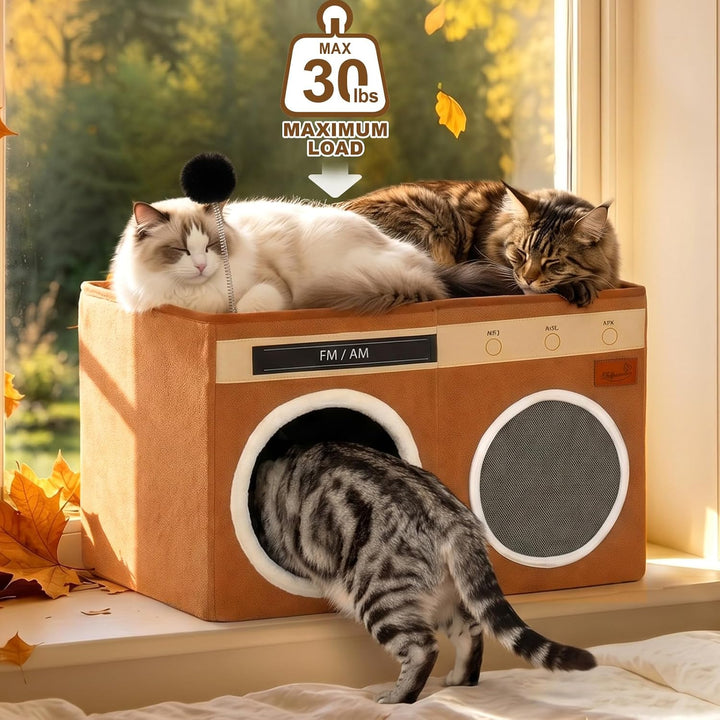 Retro Radio Katzenhaus, Grosses klappbares Katzenbett für Innen | Katzenhöhle mit Kratzbrett &amp; biegb