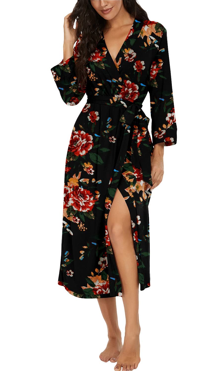 PrinStory Damen Bademantel Leichter 3/4 Ärmeln Morgenmantel V-Ausschnitt Kimono Roben Langes Nachtwä