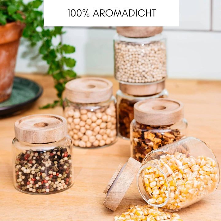 Econovo® Vorratsgläser mit Deckel (6-teilig) 170ml, Vorratsdosen aus Glas mit Holzdeckel luftdicht,