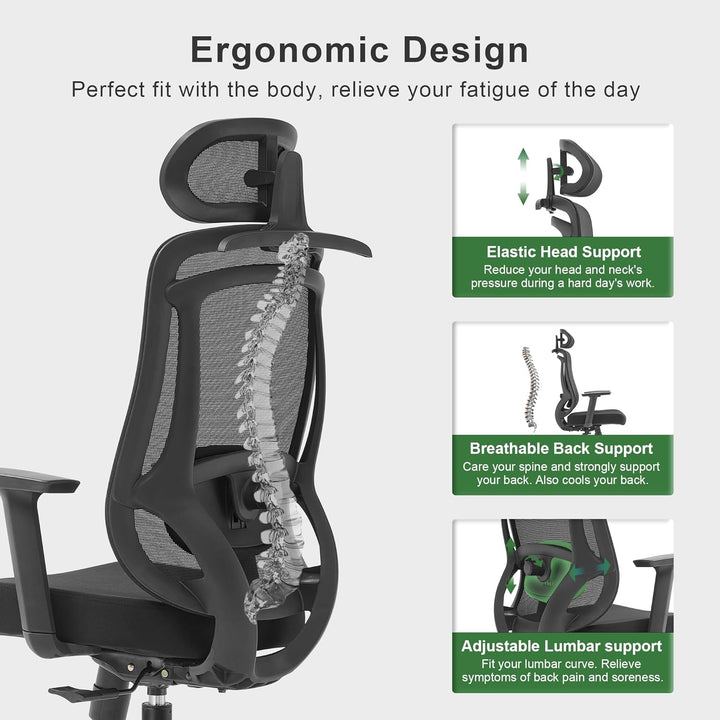 CALIYO Icon-H Bürostuhl Ergonomisch, Schreibtischstuhl mit Verstellbarer Kopfstütze, Armlehnen, Lend