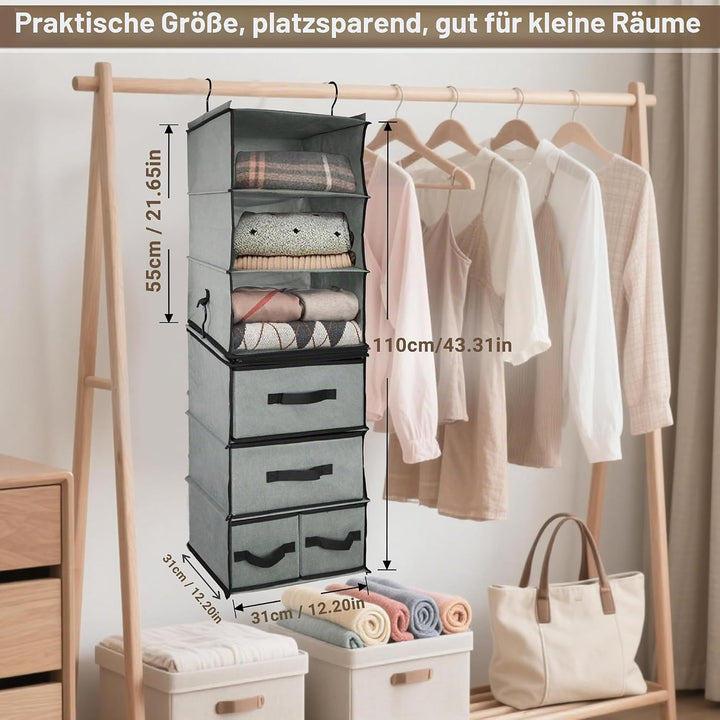 2-in-1-hängender Kleiderschrankorganisator mit 4 abnehmbaren Schubladen & 2 trennbaren hängenden Reg