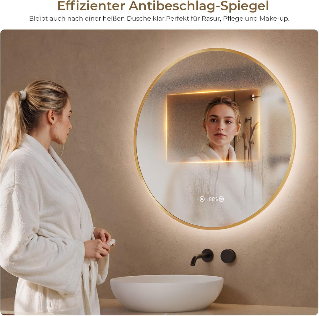 S'AFIELINA Badspiegel mit Beleuchtung Rund 60cm, Dimmbar Bad Spiegel mit Licht und Beschlagfrei-Funk