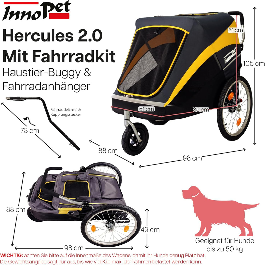 Innopet grosser Hundebuggy und Fahrradanhänger Trailer Hercules Gelb/Grau - 2in1 mit Umbauset und Re