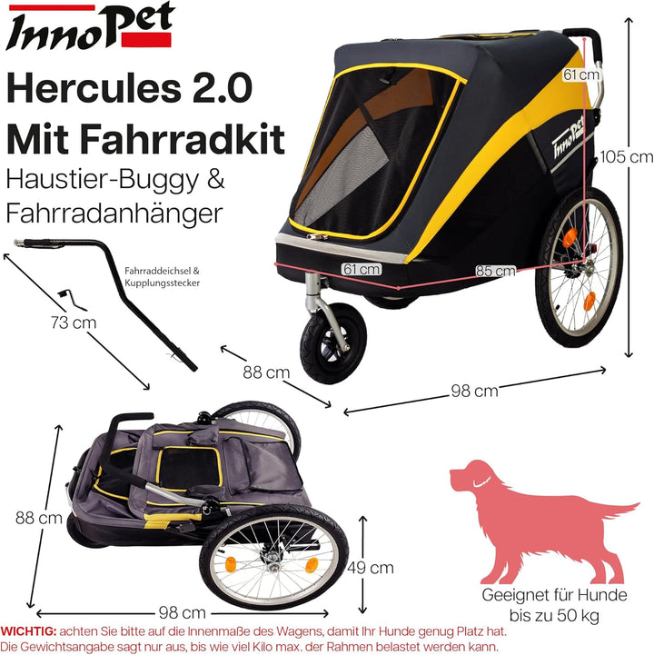 Innopet grosser Hundebuggy und Fahrradanhänger Trailer Hercules Gelb/Grau - 2in1 mit Umbauset und Re