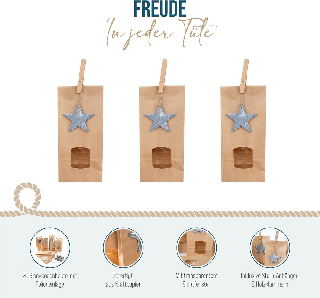 Logbuch-Verlag 20 kleine Weihnachten Tüten mit Holzsterne Anhänger 10 x 6,5 x 27,5 cm innen beschich