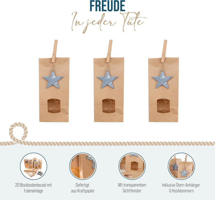 Logbuch-Verlag 20 kleine Weihnachten Tüten mit Holzsterne Anhänger 10 x 6,5 x 27,5 cm innen beschich