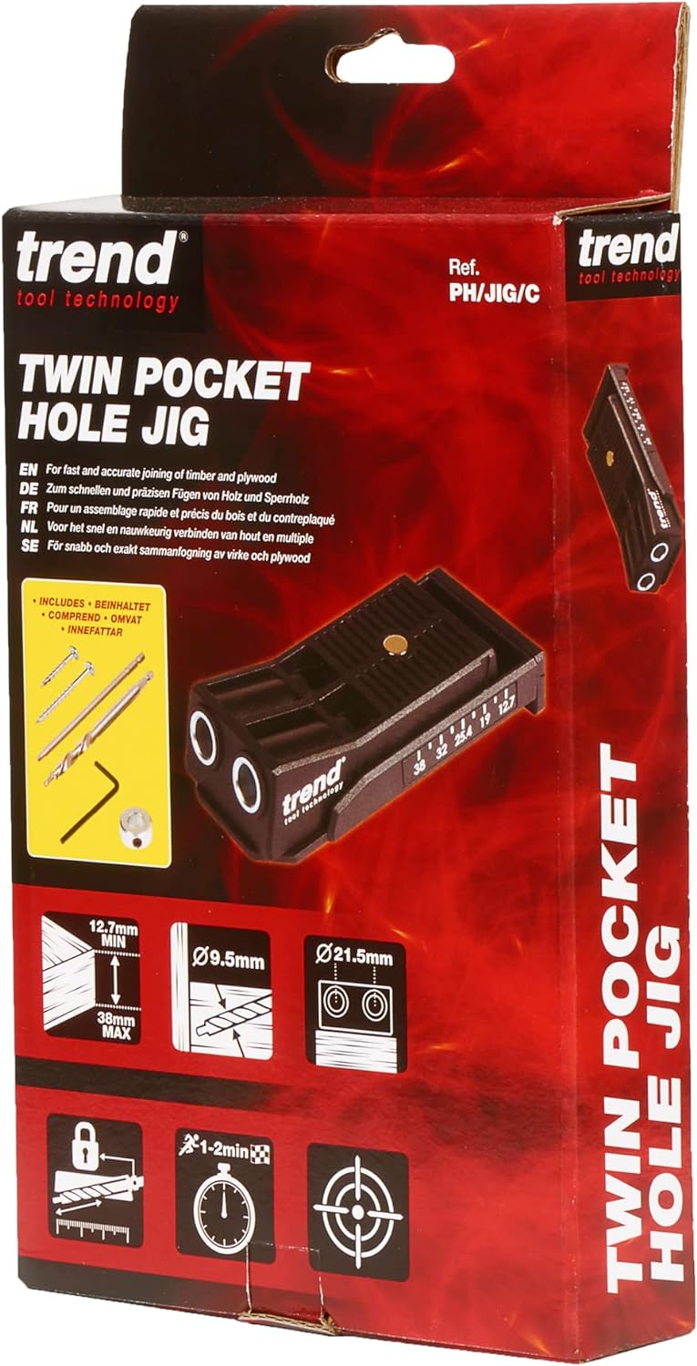 Trend Twin Pocket Hole Jig, anpassungsfähige und tragbare Taschenbohrlehre für unterwegs, PH/JIG/C