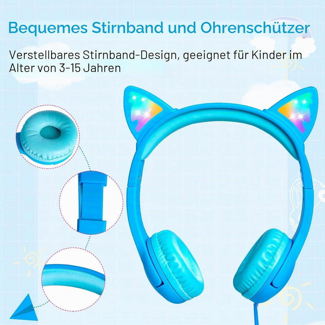 Olyre Kinderkopfhörer, Sichere 85 dB Lautstärkebegrenzung, Aufleuchtende Katzenohr-Kopfhörer für Kin