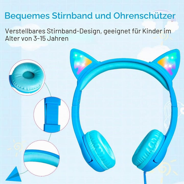 Olyre Kinderkopfhörer, Sichere 85 dB Lautstärkebegrenzung, Aufleuchtende Katzenohr-Kopfhörer für Kin