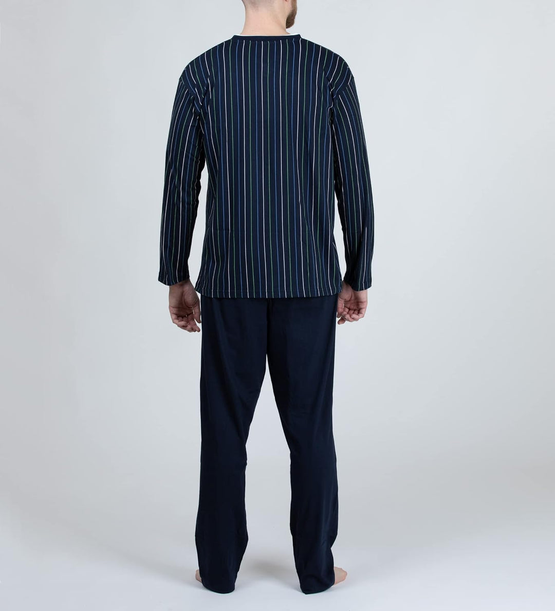 Herren Schlafanzug lang aus 100% Baumwolle mit V-Ausschnitt und Streifen-Design, Streifen-druck auf